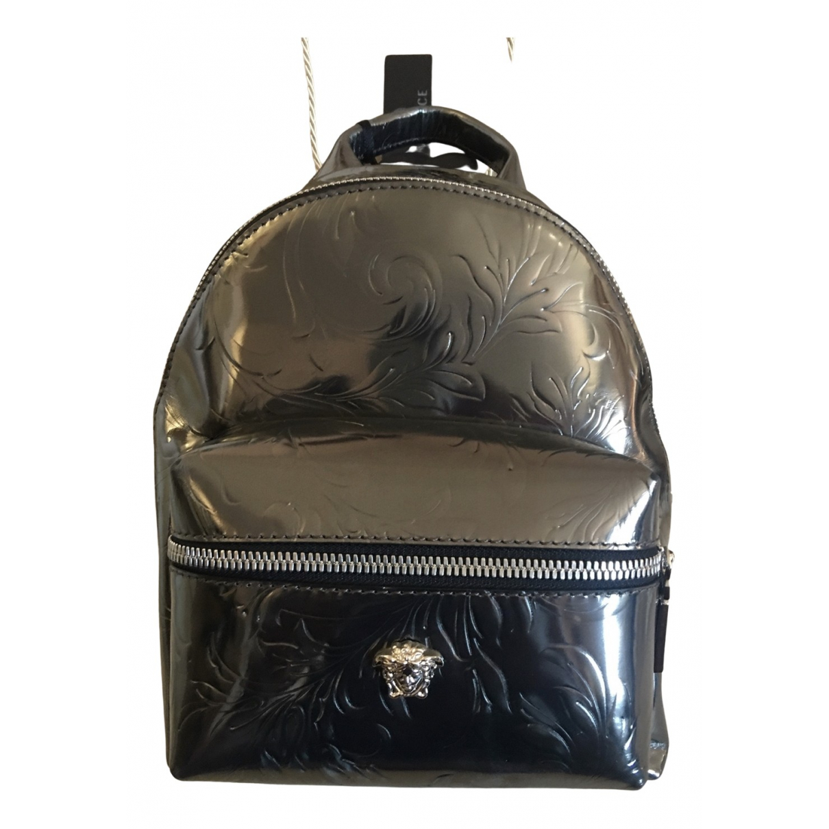 Patent leather backpack Versace Grey in 